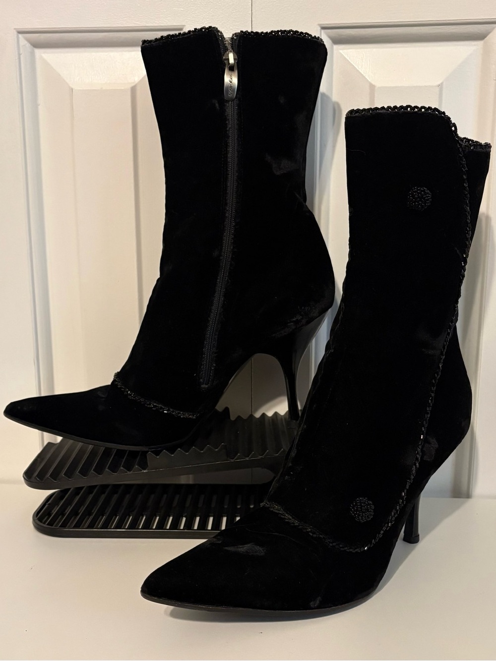 SERGIO ROSSI Beaded Black Velvet Pointy Toe Mid-Calf Heeled Boots